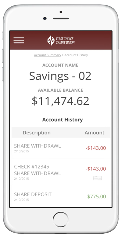 Example of First Choice Credit Union's mobile app