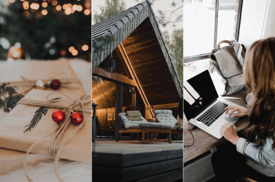 Gifts under Christmas Tree, log cabin, and college student at their laptop