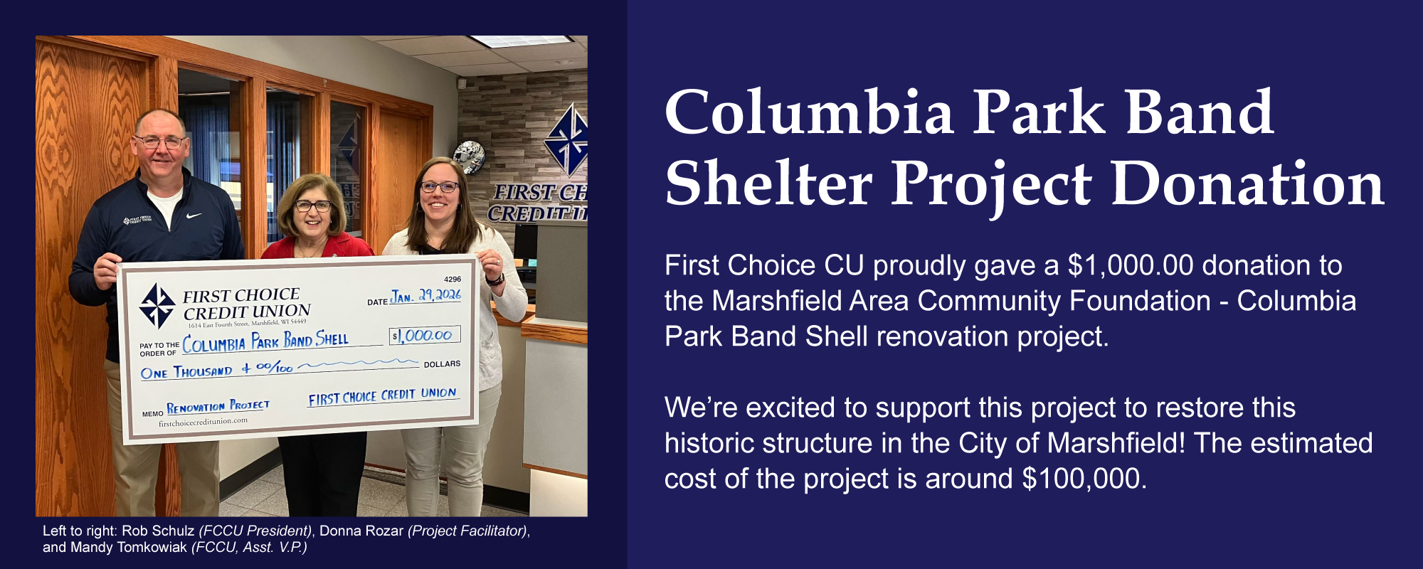 2026-02-Columbia-Park-Donation-WebBanner First Choice CU donates to Columbia Park's Band Shelter Project